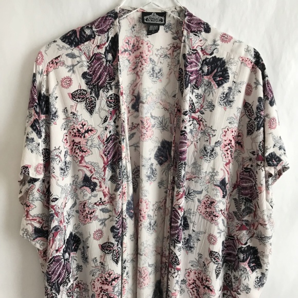 Angie Floral Print Longline Kimono L Lightweight Flowy Open Front Boho Hippie - Picture 3 of 7